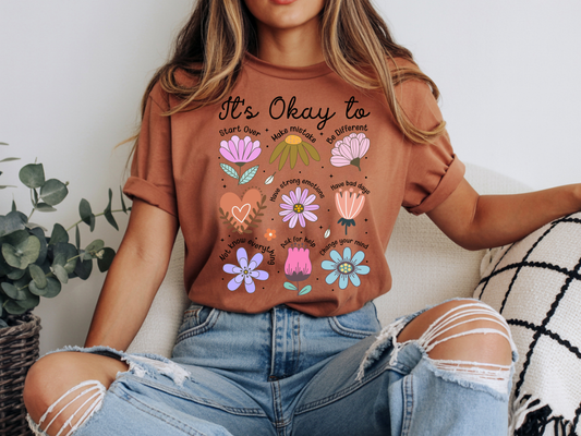 It’s Okay To Boho Flower Shirt | Comfort Colors Mental Health T-Shirt | Positive Affirmation Tee | Retro Floral Self Love Gift