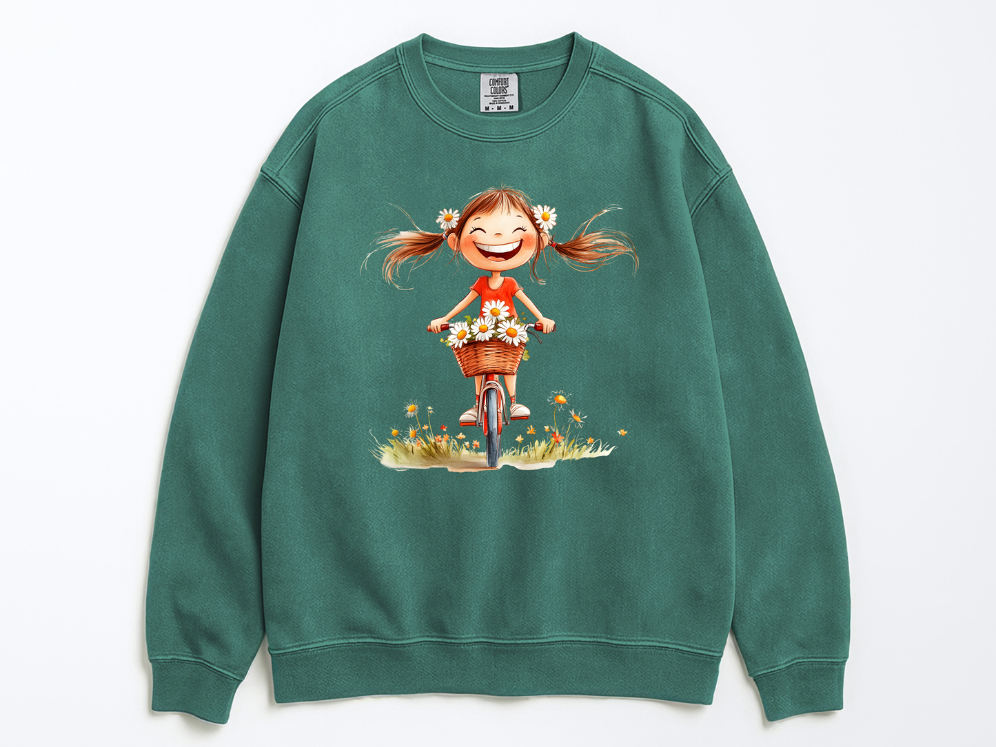 Happy Girl Sweatshirt | Daisy Crewneck Sweater | Vintage Floral Pullover | Cute Bike Girl Top | Cozy Boho Positive Vibes