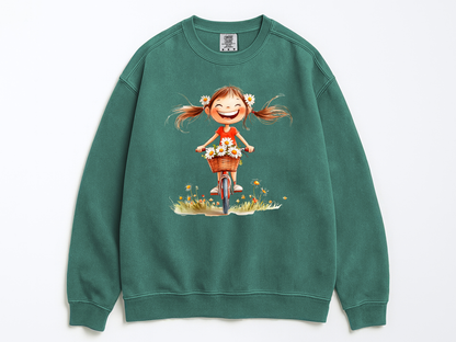 Happy Girl Sweatshirt | Daisy Crewneck Sweater | Vintage Floral Pullover | Cute Bike Girl Top | Cozy Boho Positive Vibes