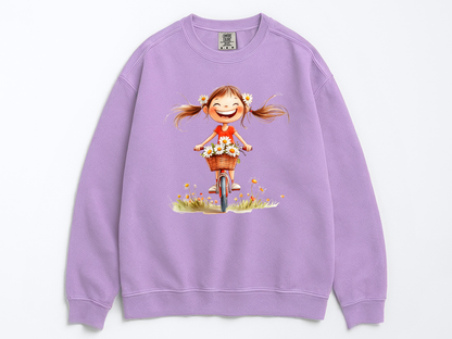 Happy Girl Sweatshirt | Daisy Crewneck Sweater | Vintage Floral Pullover | Cute Bike Girl Top | Cozy Boho Positive Vibes