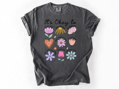 It’s Okay To Boho Flower Shirt | Comfort Colors Mental Health T-Shirt | Positive Affirmation Tee | Retro Floral Self Love Gift
