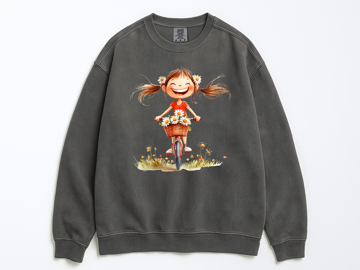 Happy Girl Sweatshirt | Daisy Crewneck Sweater | Vintage Floral Pullover | Cute Bike Girl Top | Cozy Boho Positive Vibes