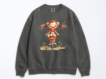 Happy Girl Sweatshirt | Daisy Crewneck Sweater | Vintage Floral Pullover | Cute Bike Girl Top | Cozy Boho Positive Vibes