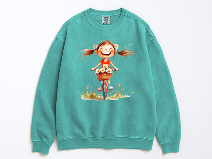 Happy Girl Sweatshirt | Daisy Crewneck Sweater | Vintage Floral Pullover | Cute Bike Girl Top | Cozy Boho Positive Vibes