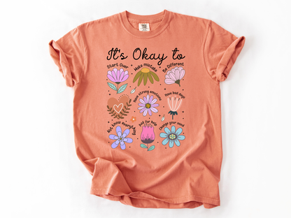 It’s Okay To Boho Flower Shirt | Comfort Colors Mental Health T-Shirt | Positive Affirmation Tee | Retro Floral Self Love Gift