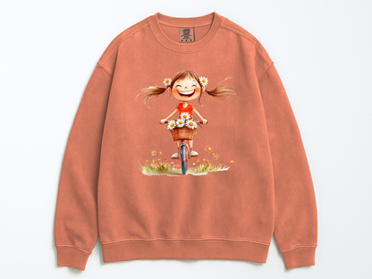 Happy Girl Sweatshirt | Daisy Crewneck Sweater | Vintage Floral Pullover | Cute Bike Girl Top | Cozy Boho Positive Vibes
