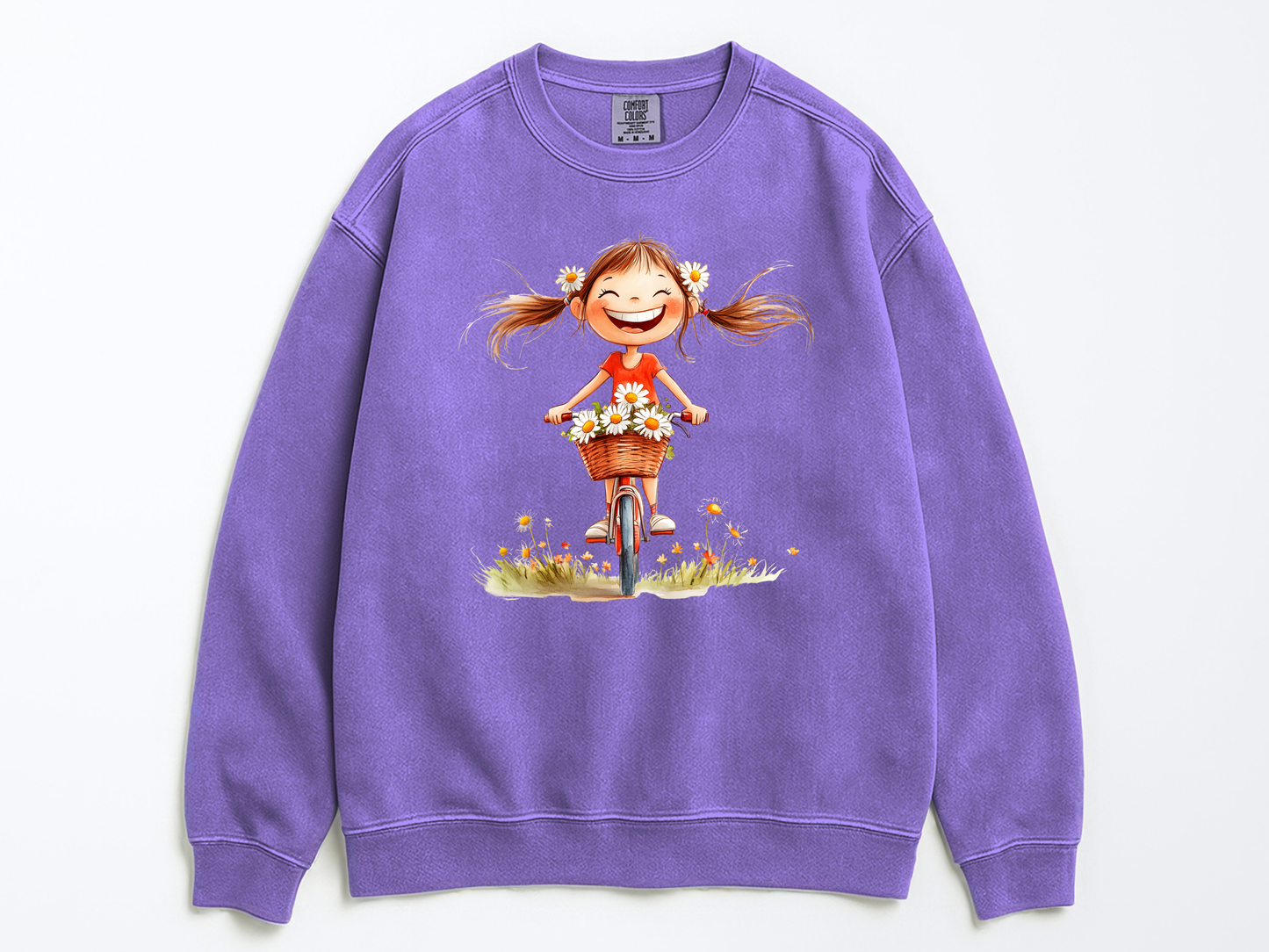 Happy Girl Sweatshirt | Daisy Crewneck Sweater | Vintage Floral Pullover | Cute Bike Girl Top | Cozy Boho Positive Vibes