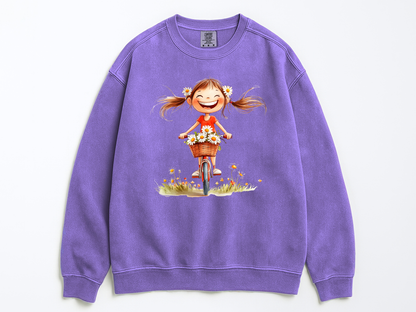 Happy Girl Sweatshirt | Daisy Crewneck Sweater | Vintage Floral Pullover | Cute Bike Girl Top | Cozy Boho Positive Vibes