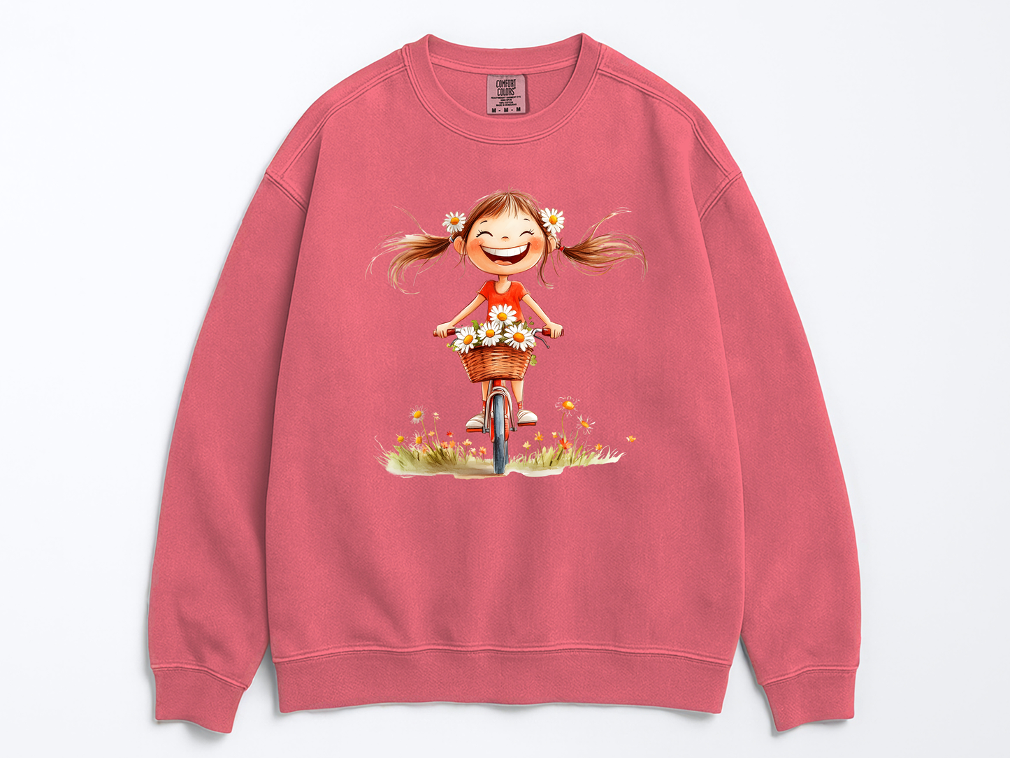 Happy Girl Sweatshirt | Daisy Crewneck Sweater | Vintage Floral Pullover | Cute Bike Girl Top | Cozy Boho Positive Vibes